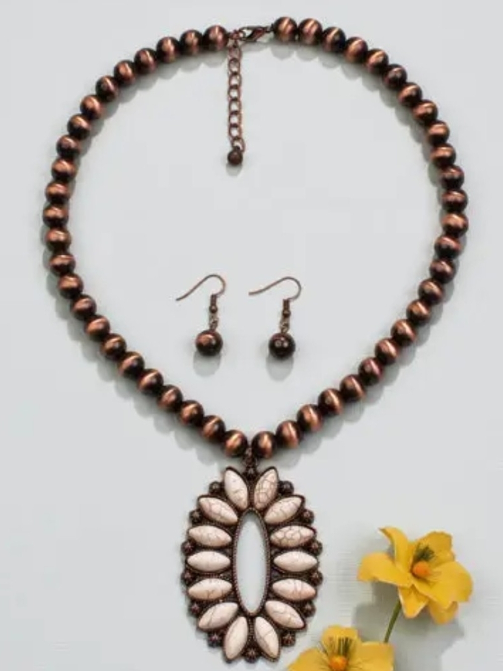 Copper-Tone Beaded Necklace Set with Cream Floral Oval Pendant